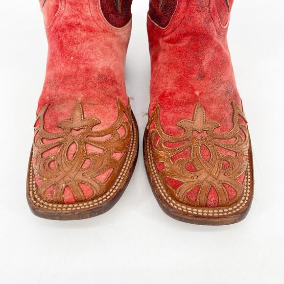 Lucchese Red Suede Hand Tooled Filigree Wingtip Square Toe Western Boot size 7.5 - Picture 7 of 12
